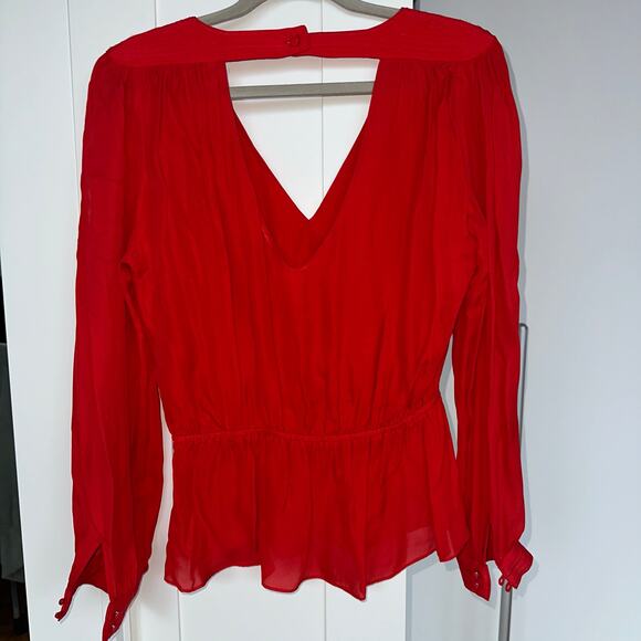Parker 100% Silk Red V-Neck Long Sleeve Peplum Blouse, Open Back, Size M, EUC - Picture 2 of 7